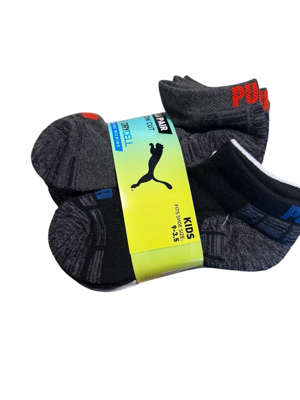 Puma Kids' No-Show Athletic Socks – Black and Dark Gray with Red Logo (10-pack)